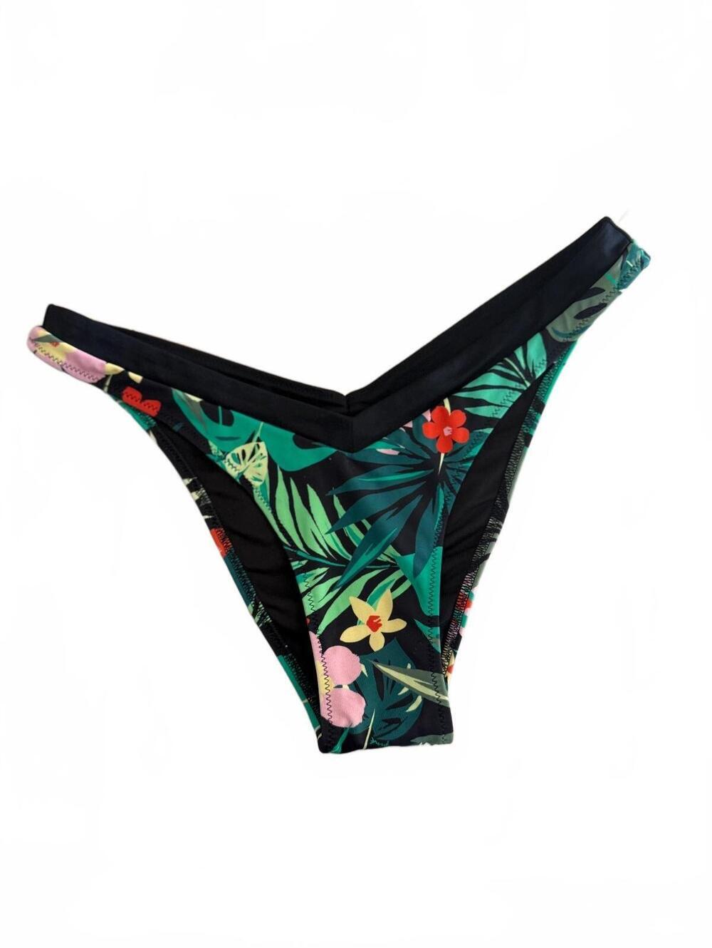 PINK Tropical Print Bikini Bottoms with Black Trim